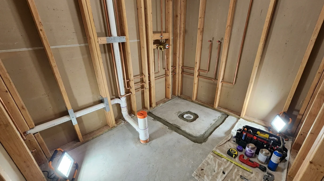 Bathroom rough-in plumbing during remodel by Johns Plumbing LLC in Bay Village