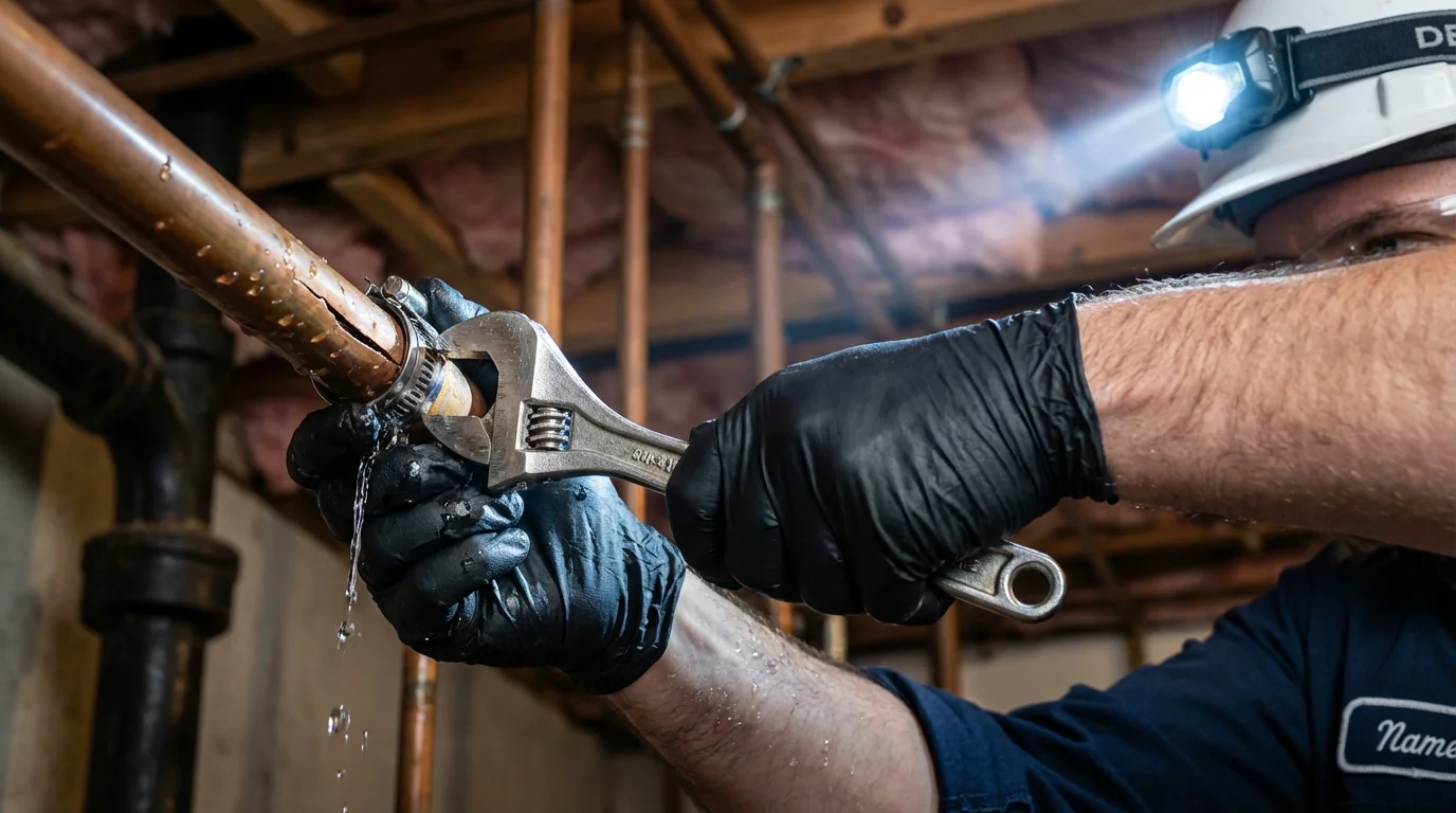 Emergency pipe clamp repair being performed by a Johns Plumbing LLC plumber in Bay Village