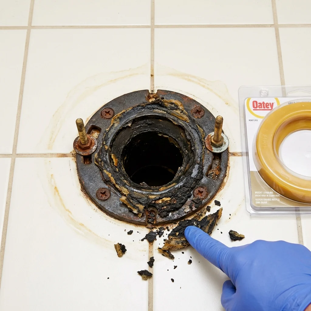 Failed wax ring showing water seepage at the base of a toilet in a Bay Village, OH home