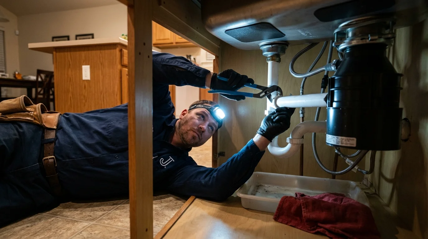 P-trap and supply line connections under a kitchen sink showing a common leak point in Bay Village, OH